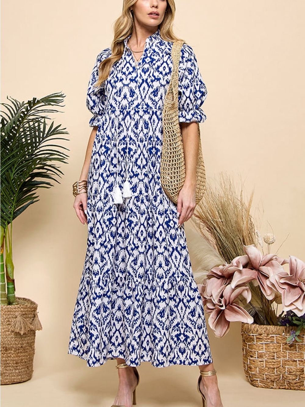 Czele Blue Ikat Midi Dress. Small